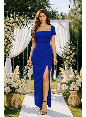 Kadın Kısa Kollu Kare Yakalı Sim Detaylı Arkadan Bağcıklı Yırtmaçlı Uzun Ithal Krep Elbise