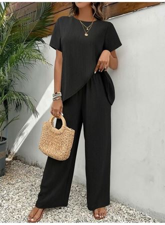 Kadın Kısa Kollu Bisiklet Yaka Asimetrik Kesim Detaylı Bürümcük Bluz Ve Pantolon Ikili Takım