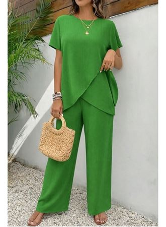Kadın Kısa Kollu Bisiklet Yaka Asimetrik Kesim Detaylı Bürümcük Bluz Ve Pantolon Ikili Takım
