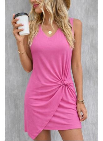 Kadın Askılı V Yakalı Yandan Asimetrik Detaylı Kısa Viskon Elbise
