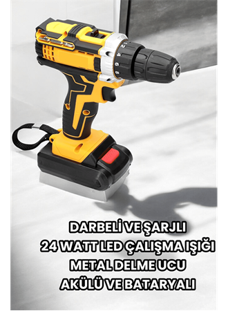 Metal Dişli 24W Akülü Matkap -Çift Bataryalı ve LED Çalışma Işığı ile Tam Set