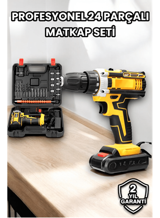 Metal Dişli 24W Akülü Matkap -Çift Bataryalı ve LED Çalışma Işığı ile Tam Set