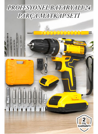 24 Parça Çift Bataryalı Şarjlı Matkap Seti 24W Motor ve Otomatik Mil Kilitli Tasarım