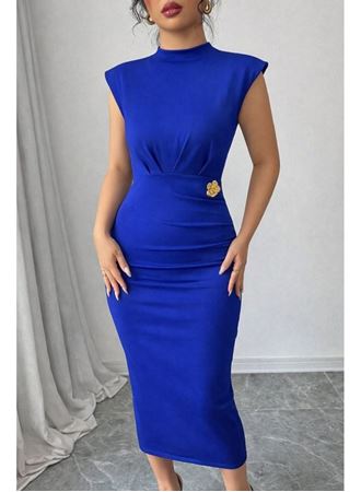 Kadın Yarı Balıkçı Yaka Kısa Kollu çicek Aksesuar Detaylı Midi Dalgıç Elbise