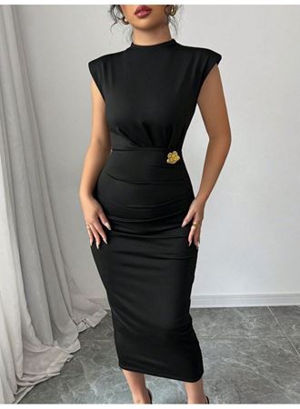 Kadın Yarı Balıkçı Yaka Kısa Kollu çicek Aksesuar Detaylı Midi Dalgıç Elbise