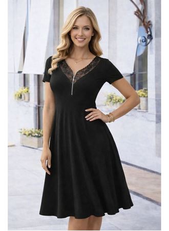 Kadın Kısa Kollu Dantel V Fermuar Yakalıuzun Viskon Elbise