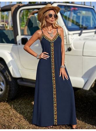 Kadın Askılı V Yakalı Etnik şerit Detaylı Uzun Viskon Elbise