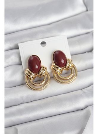 Pirinç Gold Renk Bordo Taşlı Vintage Kadın Küpe