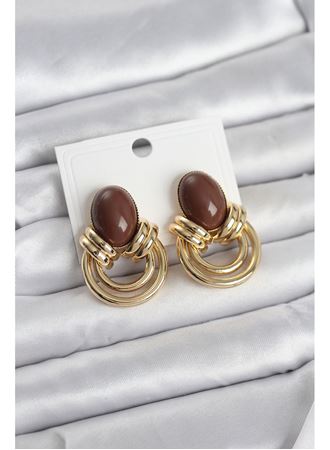 Pirinç Gold Renk Kahverengi Taşlı Vintage Kadın Küpe