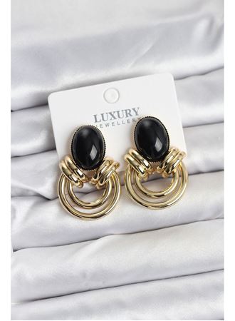 Pirinç Gold Renk Siyah Taşlı Vintage Kadın Küpe