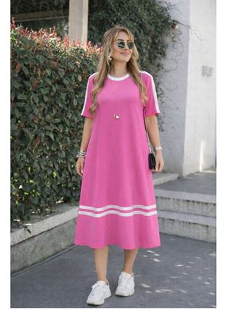 Kadın Kısa Kollu Bisiklet Yaka şerit Detaylı Midi Viskon Elbise