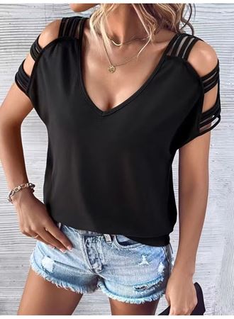 Kadın Kısa Kollu V Yakalı şerit Detaylı Viskon Bluz