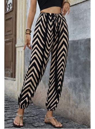 Kadın Yüksel Bel Belı Lastikli Belden Bagcıklı Desenli Süprem Pantolon