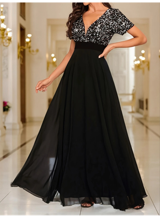 Kadın Kısa Kollu Derin V Yakalı A Kesim Pulpayet Detaylı şifon Nedime Elbisesi