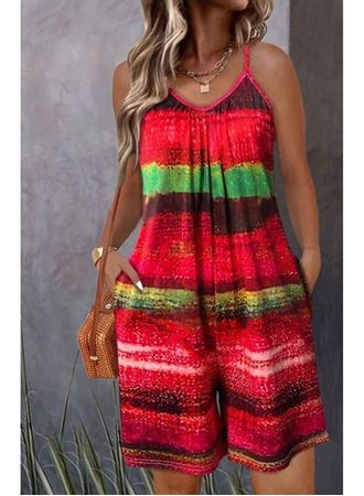 Kadın Ip Askılı Yuvarlak Yakalı Cepli Desenli Kısa Süprem Tulum