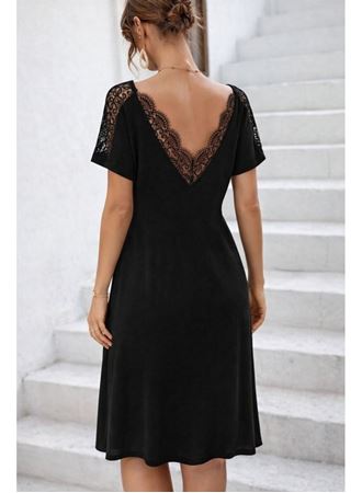 Kadın Kısa Kollu Dantel V Yakalı Midi Viskon Elbise