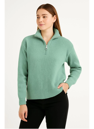 KADIN Yarım Fermuarlı Triko Kazak – Selanik Örgü, Dik Yaka, Pamuklu Dokuma, Oversize Uzun Kollu Kışlık Model - Mint Yeşili