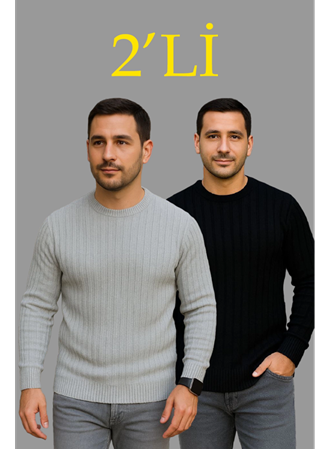 Erkek Fitilli Triko Kazak 2’li Set – Siyah - Gri, Kalın Dokuma Pamuklu Regular Fit Bisiklet Yaka Uzun Kollu Rahat Kışlık Kazak Kombini