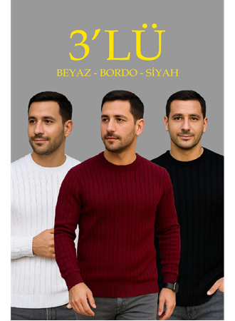 Erkek Fitilli Triko Kazak 3lü Set Beyaz Bordo Siyah Regular Fit Bisiklet Yaka Triko Seti