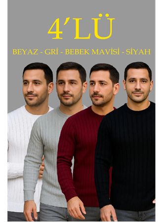 Erkek Fitilli Triko Kazak 4’lü Set Beyaz Bordo Gri Siyah Regular Fit Bisiklet Yaka Kazak Triko Kombini