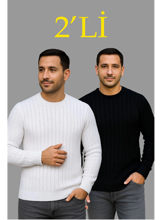 Erkek Fitilli Triko Kazak 2’li Set – Siyah - Beyaz, Kalın Dokuma Pamuklu Regular Fit Bisiklet Yaka Uzun Kollu Rahat Kışlık Kazak Kombini