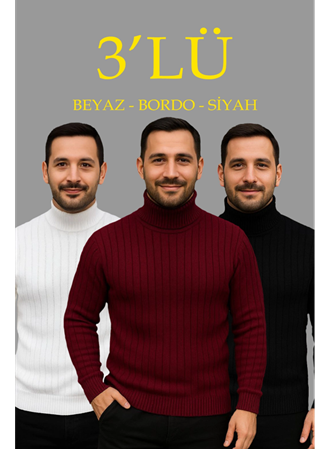 Erkek Fitilli Triko Kazak 3lÜ Set Beyaz Bordo Siyah Regular Balıkcı Yaka Tam Boğazlı Triko Seti Modeli Kazak