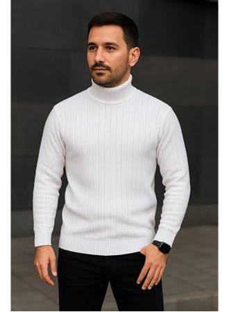 Erkek Balıkcı Yaka Bağazlı Triko Kazak Pamuklu Kalın Fitilli Dokuma, Regular Fit Uzun Kollu Kışlık Model - Beyaz
