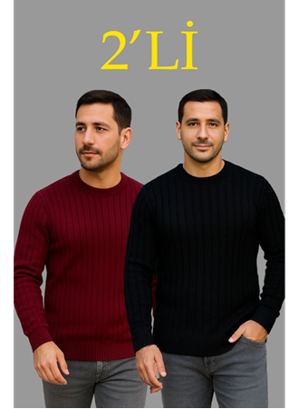 Erkek Fitilli Triko Kazak 2’li Set – Siyah - Bordo, Kalın Dokuma Pamuklu Regular Fit Bisiklet Yaka Uzun Kollu Rahat Kışlık Kazak Kombini