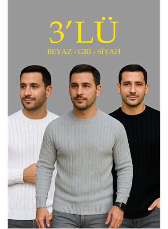 Erkek Fitilli Triko Kazak 3’lü Set – Beyaz, Gri, SiyahKalın Dokuma Pamuklu Regular Fit Bisiklet Yaka Uzun Kollu Kışlık Ve Baharlık Rahat Triko Kombini