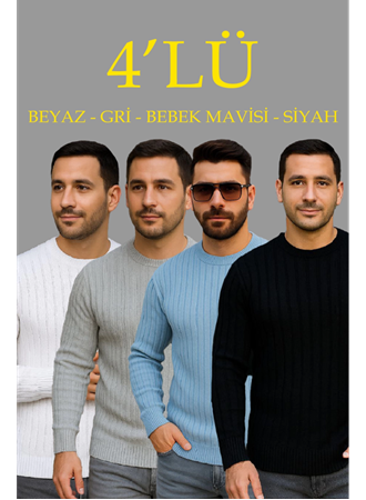 Erkek Fitilli Triko Kazak 4’lü Set – Beyaz, Bebek Mavisi, Gri, SiyahKalın Dokuma Pamuklu Regular Fit Bisiklet Yaka Uzun Kollu Kışlık Ve Baharlık Rahat Triko Kombini