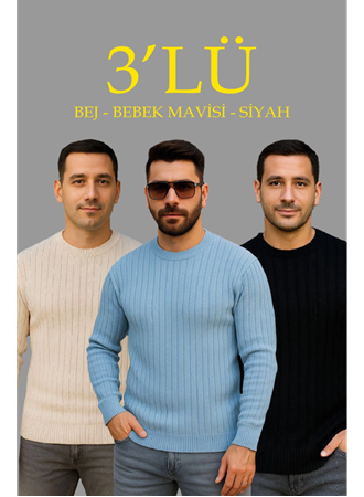 Erkek Fitilli Triko Kazak 3’lü Set – Bej, Bebek Mavisi, SiyahKalın Dokuma Pamuklu Regular Fit Bisiklet Yaka Uzun Kollu Kışlık Ve Baharlık Rahat Triko Kombini