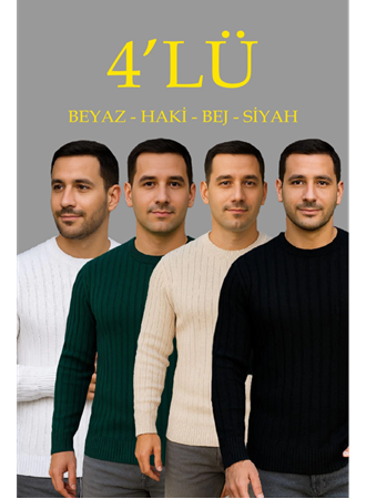 Erkek Fitilli Triko Kazak 4’lü Set – Beyaz, Haki, Bej, SiyahKalın Dokuma Pamuklu Regular Fit Bisiklet Yaka Uzun Kollu Kışlık Ve Baharlık Rahat Triko Kombini