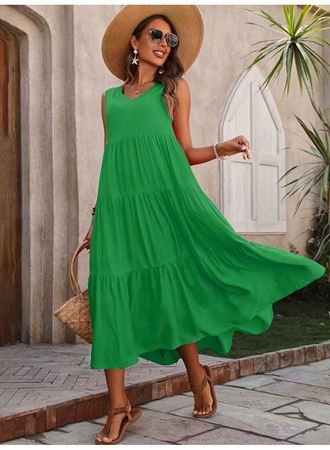 Kadın Askılı V Yakalı Uzun Dokuma Viskon Elbise