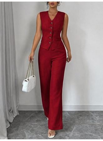 Kadın Askılı önden Düğmeli Bluz Ve Pantolon Keten Ikili Takım