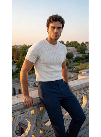 Erkek Örgü Desen Bisiklet Yaka Triko Tişört - %100 Pamuk Akrilik