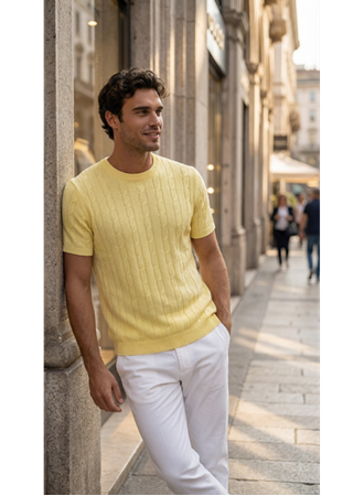 Erkek Örgü Desen Bisiklet Yaka Triko Tişört - %100 Pamuk Akrilik