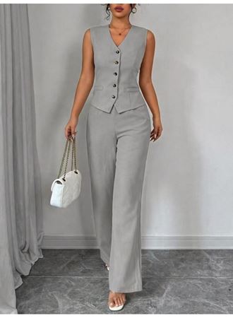 Kadın Askılı önden Düğmeli Bluz Ve Pantolon Keten Ikili Takım