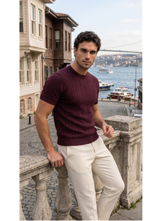 Erkek Örgü Desen Bisiklet Yaka Triko Tişört - %100 Pamuk Akrilik