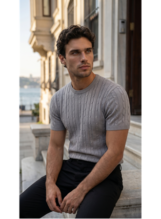 Erkek Örgü Desen Bisiklet Yaka Triko Tişört - %100 Pamuk Akrilik