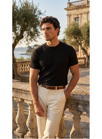 Erkek Örgü Desen Bisiklet Yaka Triko Tişört - %100 Pamuk Akrilik