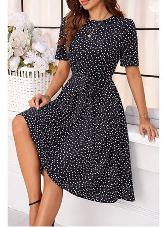 Kadın Kısa Kollu Bisiklet Yakalı Puantiyeli Kısa Süprem Elbise