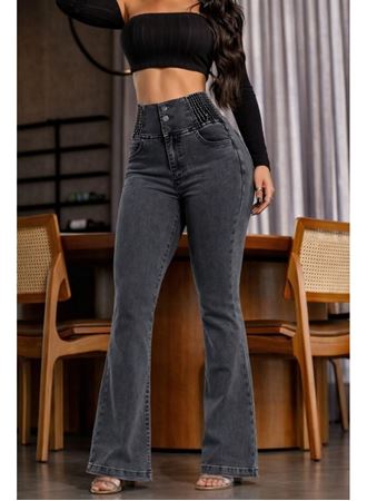 Kadın Yüksek Bel Yanları Lastik önü Düğmeli Kot Pantolon