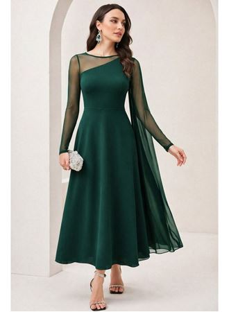 Kadın Uzun Kollu Yarı Balıkçı Yaka Tül Detaylı Uzun Sandy Elbise