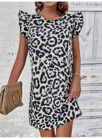 Kadın Kısa Kollu Kolları Fırfır Detay Arkası Bağlamalı Leopar Desen Kolsuz Mini Mikro Elbise