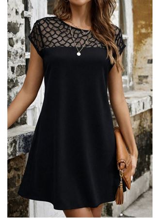 Kadın Kısa Kollu Bisiklet Yakalı Tül Detaylı Kısa Janjan Krep Elbise