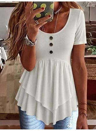 Kadın Kısa Kollu Yuvarlak Yakalı Düğmeli önden Asimetrik Kesim Detaylı Viskon Bluz