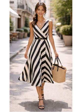Kadın Askılı Kruvaze Yakalı Kemersiz çizgili Dalgıç Midi Elbise