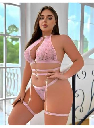 Büyük Beden Pembe Dantel İşlemeli Zincir Detaylı Jartiyer Takımı