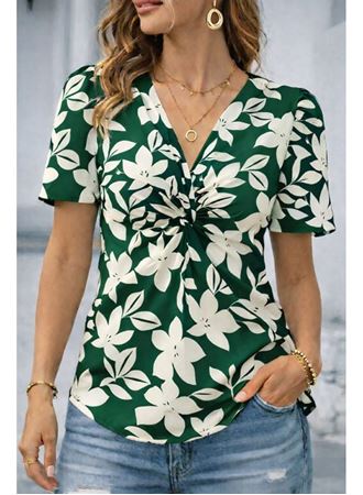 Kadın Kısa Kollu V Sarmal Yakalı çiçek Desenli Süprem Bluz