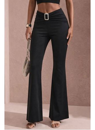 Kadın Yüksek Bel Tokalı Ispanyol Paçalı Dalgıç Pantolon